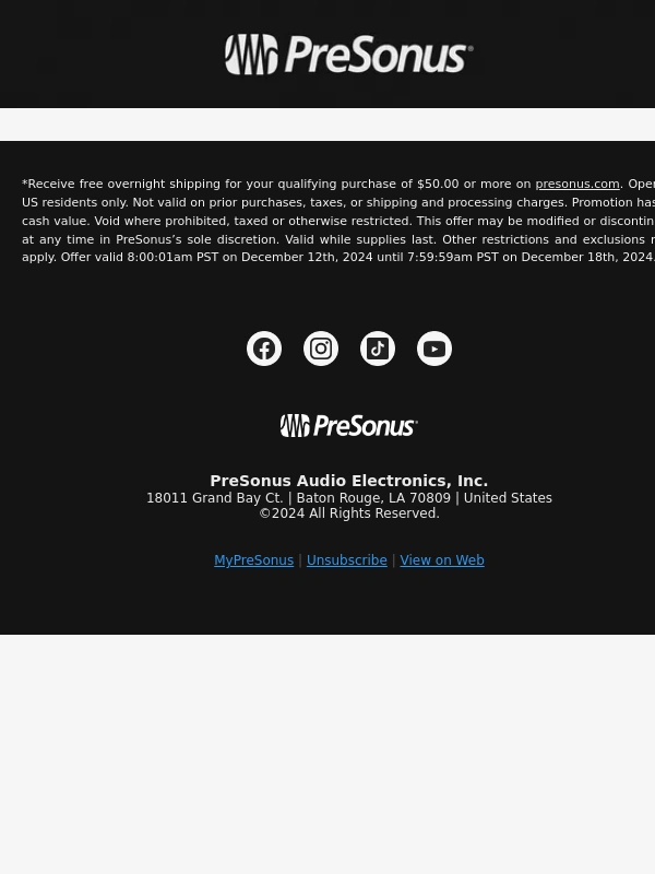 PreSonus - FREE Overnight Shipping for the Holidays!