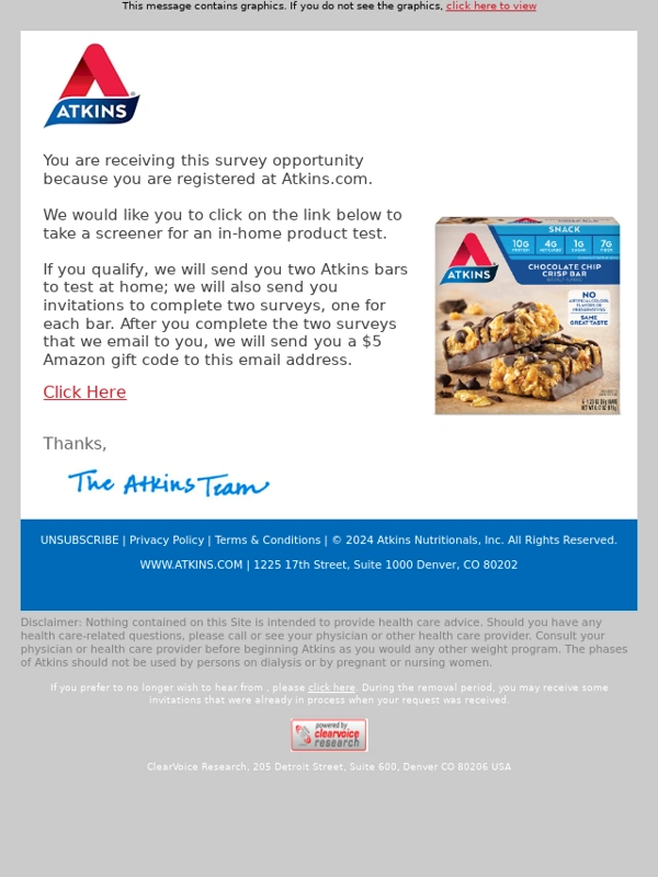 Atkins - Atkins In-Home Use Test - $5 Reward