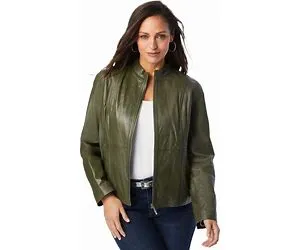 Plus Size Women's Zip Front Leather Jacket By Jessica London In Dark Olive Green (Size 30 W)