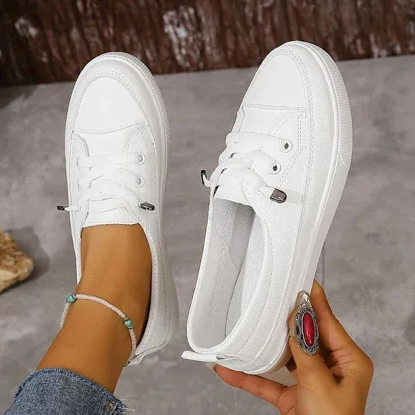 Women's White Casual Sneakers – Lace-Up Low-Top Canvas Shoes for Walking & Everyday Wear 2025 - AU $29.99