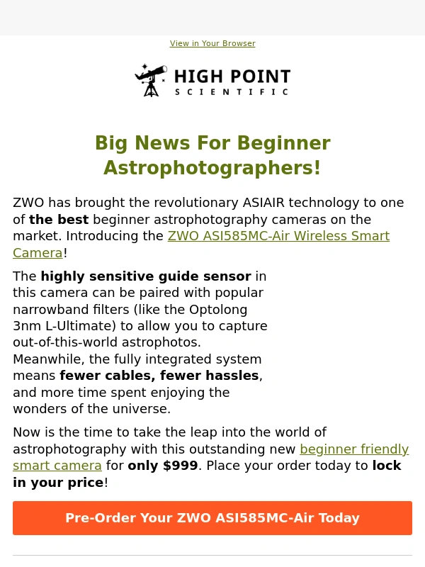 High Point Scientific - Seamless Astrophotography - Introducing The ZWO ASI585MC-Air - Pre-Order Now