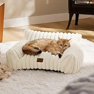 Bedsure Cute Couch for Pets - Fluffy Cat Sofa with Premium Soft Corduroy Fleece, Fuzzy Couch Bed with Removable Washable Cover, Supportive Cat Chair for Indoor Cats, 24inch, Cream