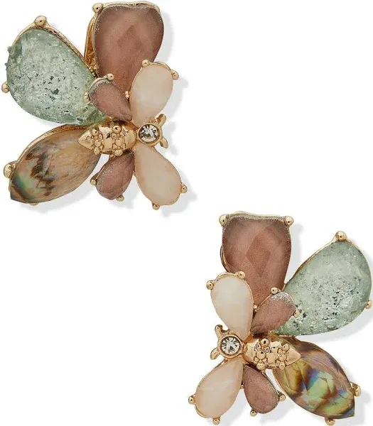 Anne Klein Women's Gold-Tone Bee & Stone Cluster Clip-On Earrings
