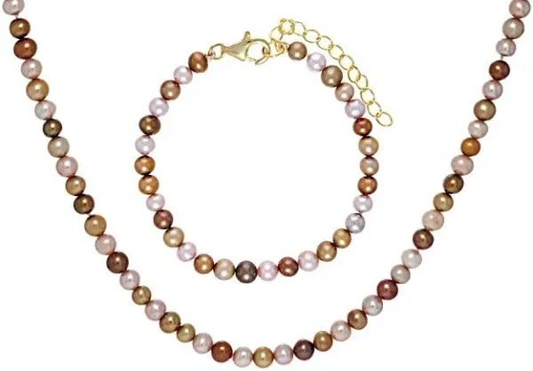 JTV 14K Yellow Gold Over Silver Cultured Freshwater Pearl Strand Necklace and Bracelet Set