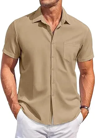 COOFANDY Mens Short Sleeve Button Down Shirts Casual Summer Beach Shirts Untucked Shirts Light Tan
