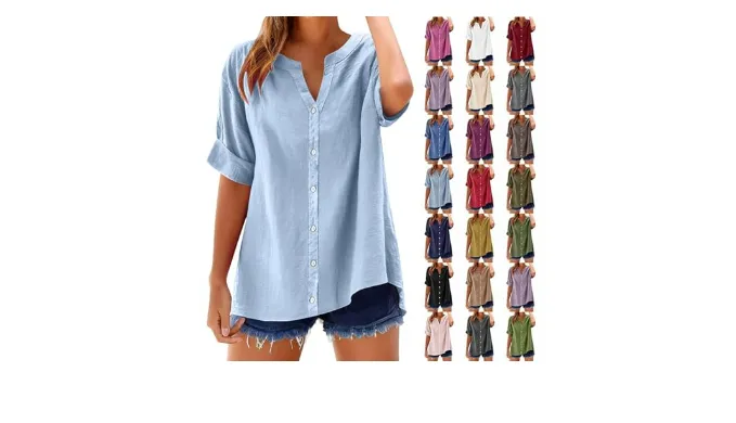 Summer Tops for Women 2025 Loose Fit Dressy Button T Shirt Casual Cotton Linen Shirts Going Out Basic Solid Color Tshirt Lightweight Flowy Holiday Clothes Rolled Sleeve Business Casual Tops