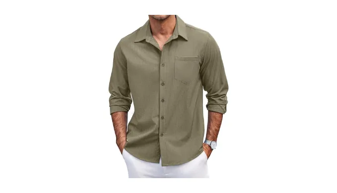 COOFANDY Mens Casual Dress Shirt Long Sleeve Button Shirt Business Causal Dress Work Clothes Army Green