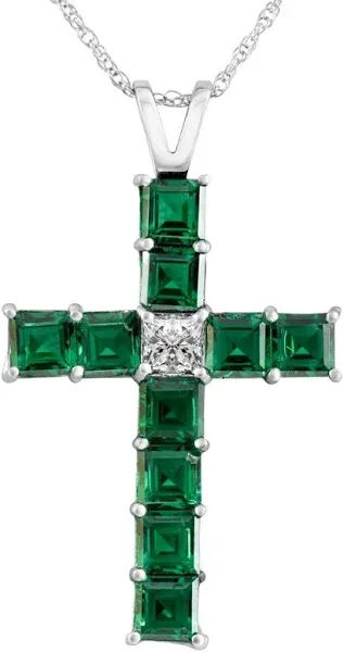 Pompeii3 6Ct TW Princess Cut Diamond & Emerald Cross Pendant Necklace Gold Lab Grown