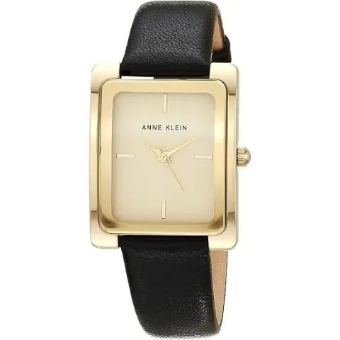 Anne Klein Goldtone and Black Leather Strap Watch
