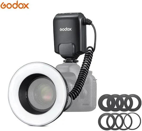Godox ML-150II Universal Macro Ring Flash Light 11 Levels Adjustable Brightness GN12 Fast Recycle with 8pcs Adapter Rings Replacement for Canon Nikon