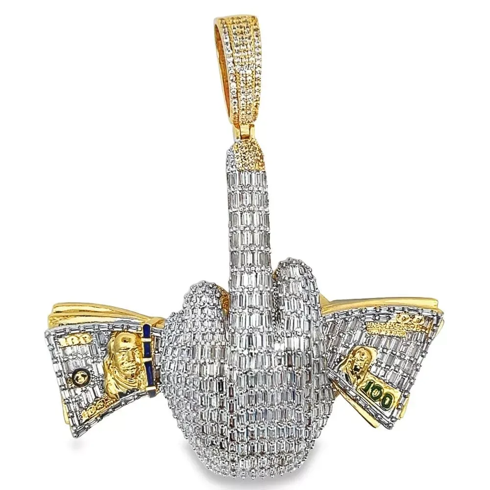 HipHopBling Holding Money Middle Finger Baguette CZ Hip Hop Iced Out Pendant
