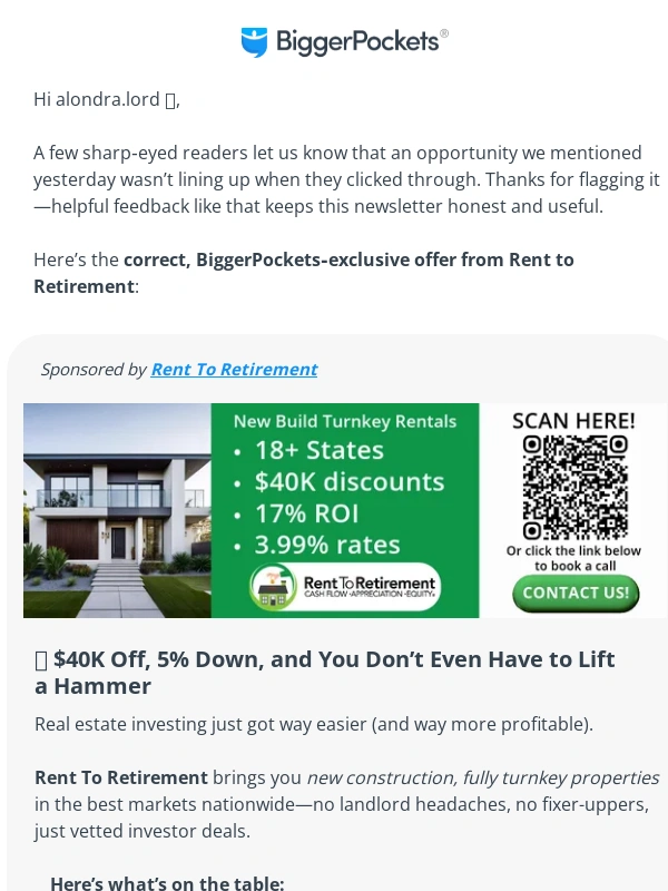 BiggerPockets - Reader note: updated offer details inside