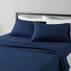 Amazon Basics Lightweight Super Soft Easy Care Microfiber 4 Piece Bed Sheets Set with 14-inch Deep Pockets, Queen, Navy Blue, Solid