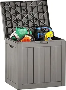 EAST OAK Outdoor Storage Box, 31 Gallon Deck Box Indoor and Outdoor Use, Waterproof Resin Storage Bin for Package Delivery, Patio Cushions, Gardening Tools, Lockable, UV Resistant, Grey