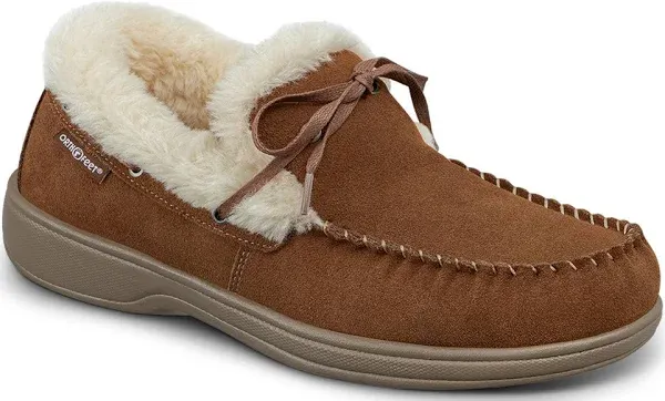 OrthoFeet Men's Tuscany Wide Leather Moccasin Slippers with Fur