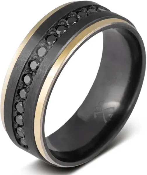 Black Zirconium / Black Diamonds with Solid Gold Edges Men's Wedding Band: 8mm, Flat Stepped Edge Design, Comfort Fit, Black - The Night Raven