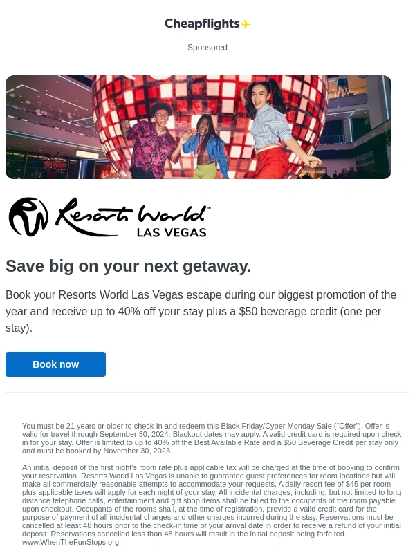 Cheap Flights - Save up to 40% off your Vegas trip + $50 beverage credit