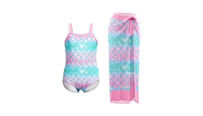 LQSZ Girls One Piece Swimsuit with Cover Up Beach Skirt Set Two Piece Bathing Suit Swimwear 3-12 Years