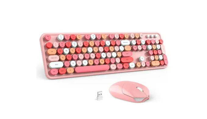 Wireless Keyboard and Mouse Combo – GEEZER Peach Pink Full-Sized Colorful Keyboard 104 Keys – USB 2.4 G Receiver Plug and Play with Round Keycap Typewriter Keyboards, for Windows, PC, Laptop, Desktop
