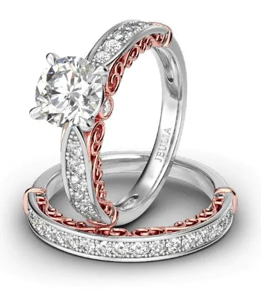 Jeulia Women's Rose Gold Moissanite Scrollwork Wedding Ring Set