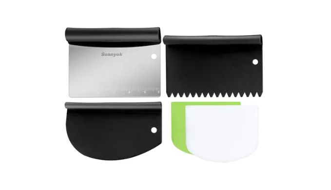Suanyok Bench Scraper Food Vegetable Chopper,Stainless Steel Pizza Dough Scraper-Flexible Plastic Bowl/Cake Scraper 5-Piece Set,Bread/Pastry/Pizza/Flour/Cheese Cutter (Black)