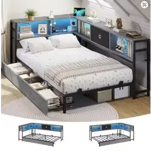 Corner LED Dual Platform Bed Frame w/Bookshelf