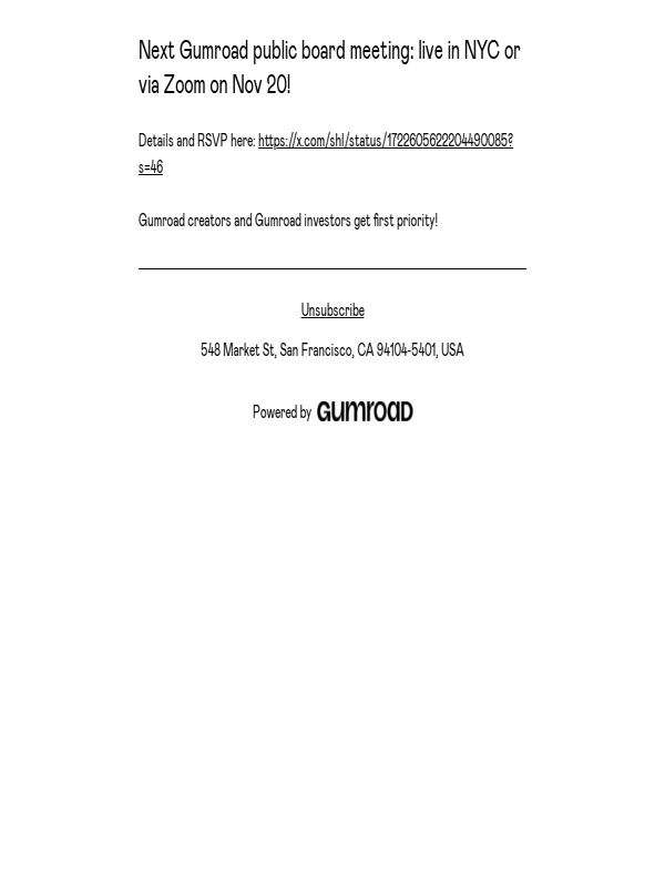 Gumroad - Next Gumroad public board meeting: live in NYC or via Zoom on Nov 20