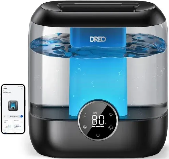 Dreo Smart Humidifiers for Bedroom, 6L Top Fill Supersized Cool Mist Humidifier for Large Room, 60 Hour Runtime, Quiet Ultrasonic Humidifiers for Plants, Baby, Indoor, Home, Night Light, Black