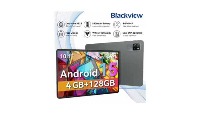 Blackview 2025 Tablet Android 15 Tab 60 WiFi A523 8-Core 1.8Ghz/4GB RAM/128GBROM/WIFI6/BT 5.3/10.1 Inch 1280*800 HD Display/5100mah/Type-C/5mp+8mp Camera(No Adapter)
