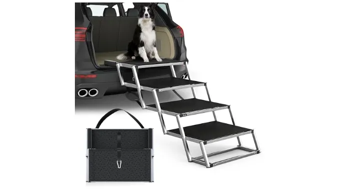 PetRuna Extra Wide Dog Stairs for Large Dogs, Foldable Dog Ramp for Car with Non-Slip Surface, Dogs Stairs for Cars, High Beds, Truck, Supports up to 250 lbs, 4 Steps