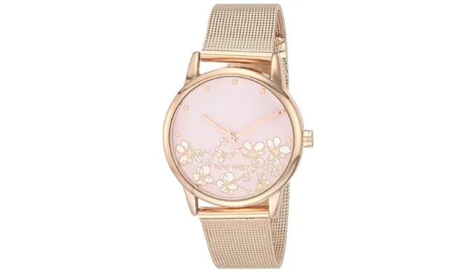 Nine West Womens Floral Dial Mesh Bracelet Watch