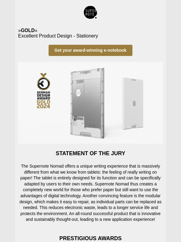Supernote - A6 X2 Nomad Wins The Highest Honor »GOLD« at the German Design Award 2024