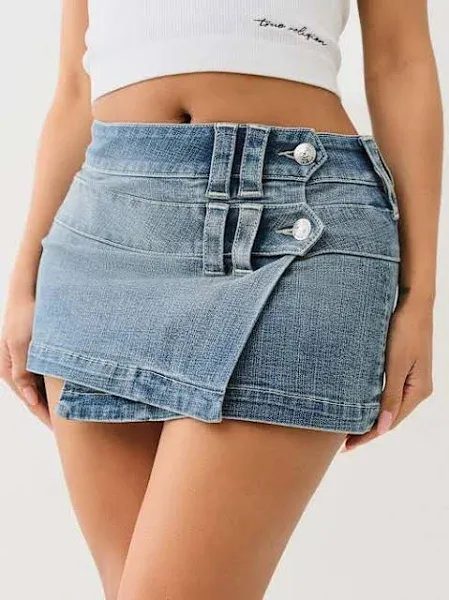 True Religion Women's Low Rise Denim Wrap Mini Skirt