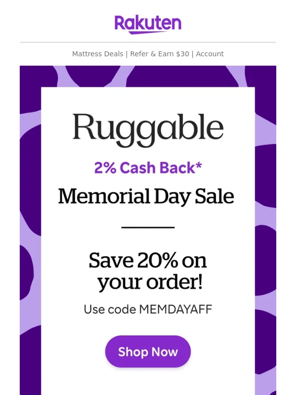 Rakuten - Ruggable Memorial Day Sale: Ends soon! Save 20% on your order + 2% Cash Back