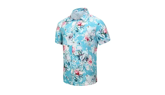 SheLucki Hawaiian Shirt for Men, Unisex Summer Beach Casual Short Sleeve Button Down Shirts, Printed Palmshadow Clothing Rose Blue M
