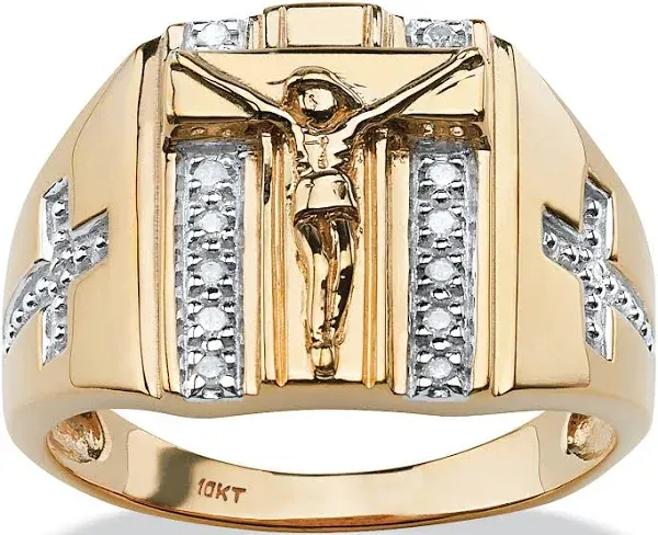 PalmBeach Jewelry Men's 10K Yellow Gold Diamond Accent Crucifix Ring