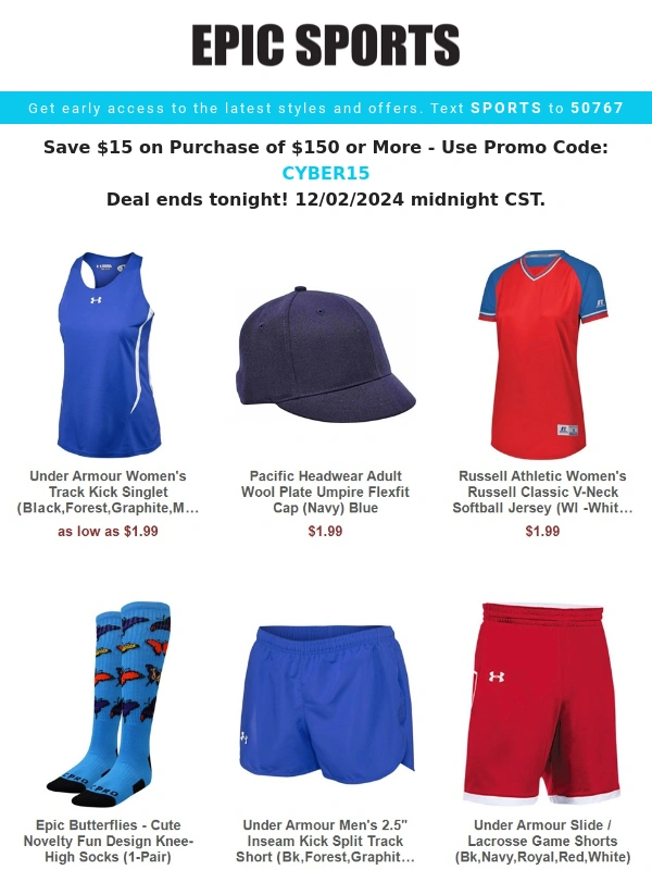 Epic Sports - Only a few hours left to save using code CYBER15!