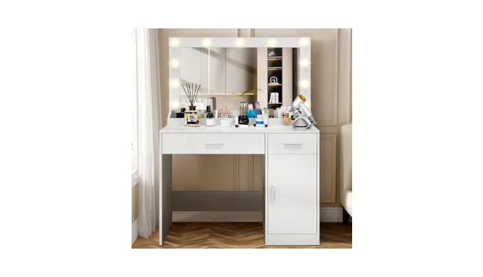 elifine Makeup Vanity Desk with Mirror and Lights, 36 Modern Dressing Table Makeup Vanity Makeup Table with 2 Drawers & 3 Lighting Modes for Women Girls (White with Large Mirror)