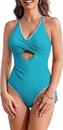 AIMAGE Women One Piece Swimsuit 2025 Tummy Control Cutout Bathing Suit Wrap Tie Back Swimwear Shell Stitched Blue S