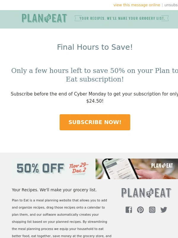 Plan to Eat - Final Hours to Save!