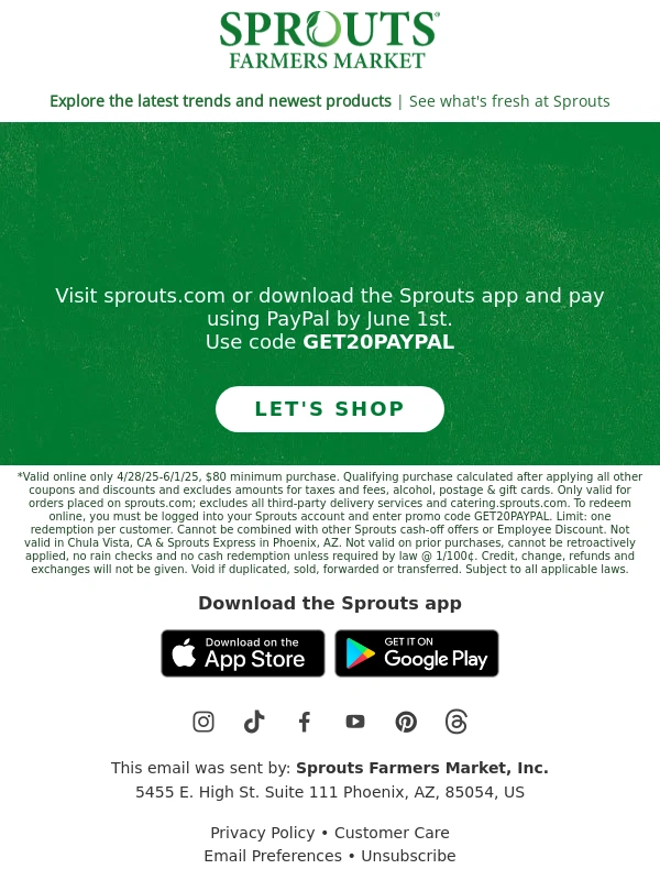 Sprouts - $20 off $80 is the best start to shopping online with PayPal!