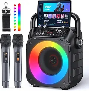 Karaoke Machine, Portable Bluetooth Speaker with 2 Wireless Microphones for Adults & Kids with Lights, Karaoke Microphone with PA System Supports USB/TF/REC/FM/AUX for Home Party