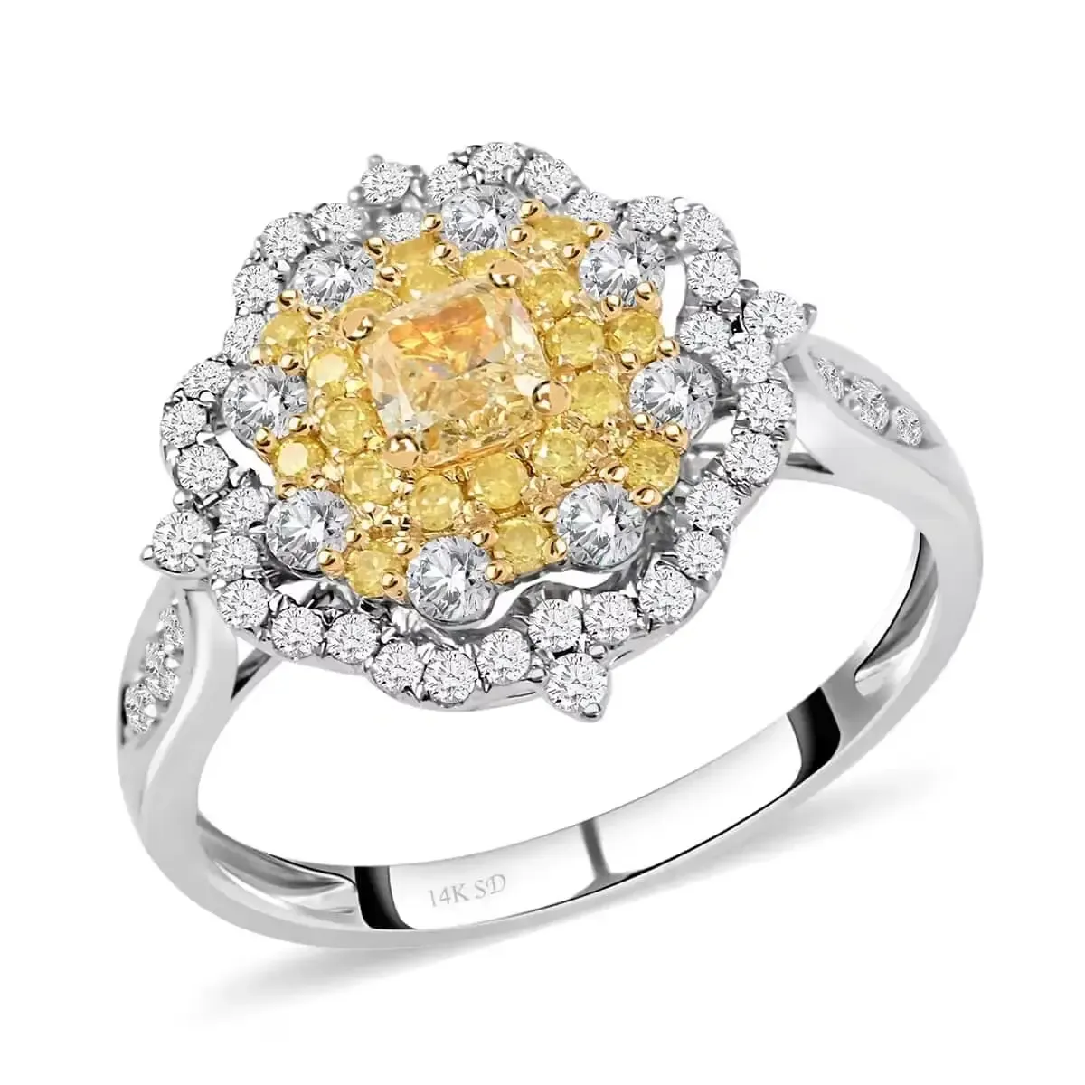 Natural Yellow And White Diamond Flower Ring