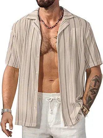 Herberton Mens Summer Striped Shirts Casual Cuban Shirt Texture Button Down Shirts for Beach Vacation (S-XXL)