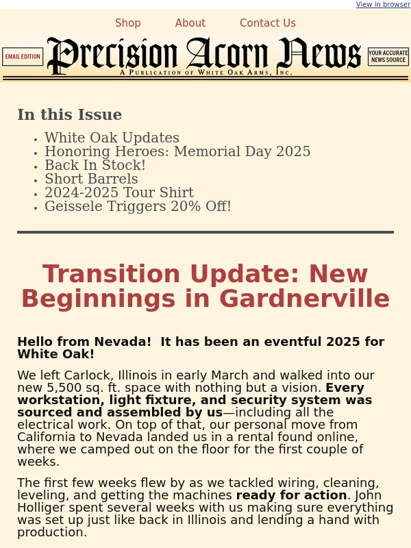 White Oak Armament - White Oak Highpower Newsletter - Memorial Day 2025