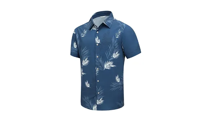 SheLucki Mens Hawaiian Shirts Short Sleeve Casual Button Down Shirts Summer Tropical Floral Beach Shirt Leaf Blue 3XL