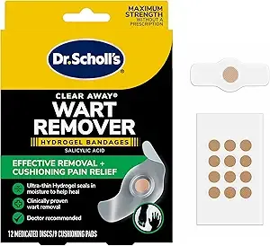 Dr Scholl's Clear Away Wart Remover Hydrogel Bandages for Fingers and Toes, 12 Treatments - Clinically Proven Effective Wart Removal and Cushioning Pain Relief, Comfortable Multi-Day Coverage Patches
