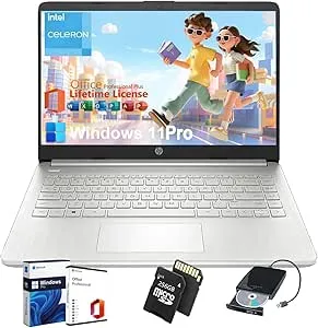 HP Student Business Laptop Computer – w/Microsoft Office Lifetime & Free CD/DVD Drive • 16GB RAM • 128GB eMMC & 256GB Extend Micro SD • Intel 4-Core Processor • HD Display • Win11 Pro(Silver)