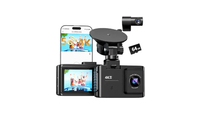 Dash Cam Front and Rear: 4K Dual Channel Dash Cam – 5GHz WiFi, Dash Camera for Cars with 64GB Card, 2.0″ IPS Screen, App Control, G-Sensor, Loop Recording, 170° Wide Angle, Night Vision, Parking Mode