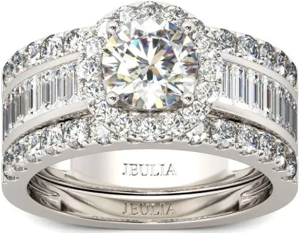 Jeulia 3PC Sterling Silver Halo Round Cut Ring Set